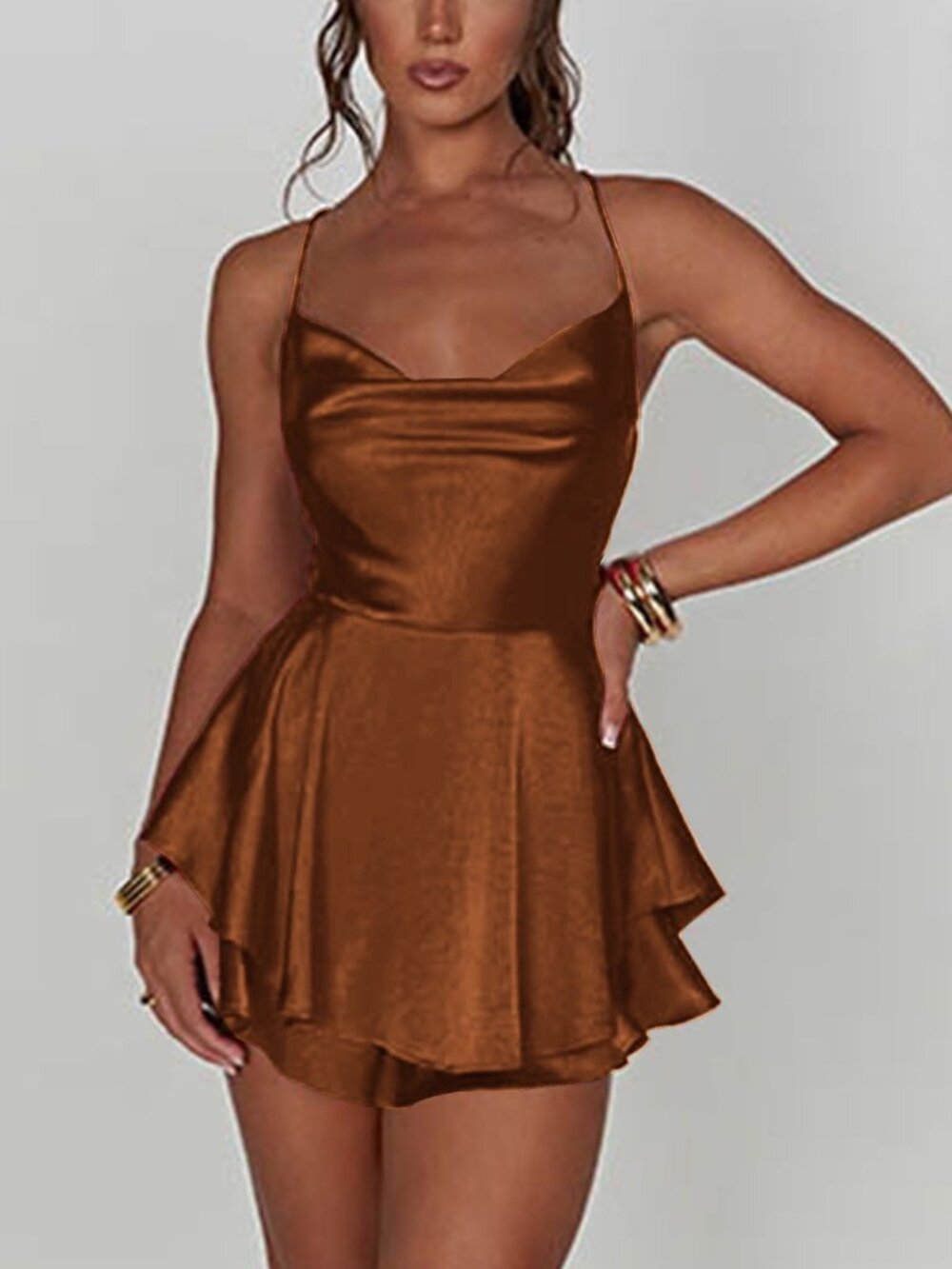 Metallic Copper Orange Strappy Backless Mini Romper Rave Festival XS